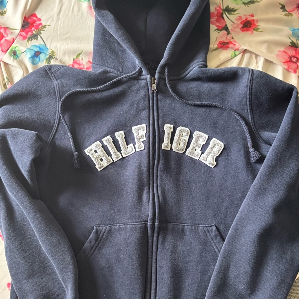 Tommy Hilfiger Navy Zip Front Hoodie with White Lettering